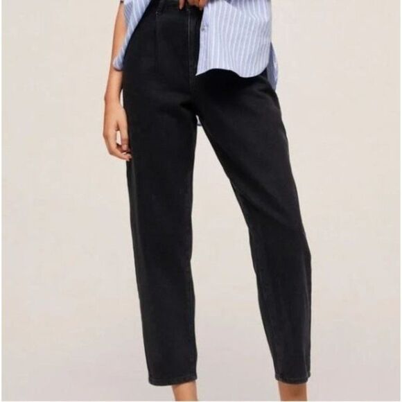 Mango Womens Jeans Black 10 High Waist Slouchy Cropped Sustainable Pleated Front - Picture 7 of 7